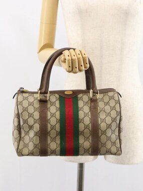GUCCI GG Supreme Web Sherry Line Boston Bag PVC Beige Gold 010 378 Auth 159328